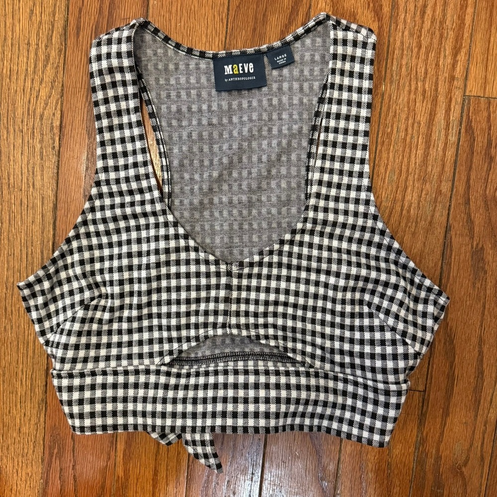 Maeve Anthropologie women L Black White Gingham Cut-out‎ Tie Front Crop Tank Top